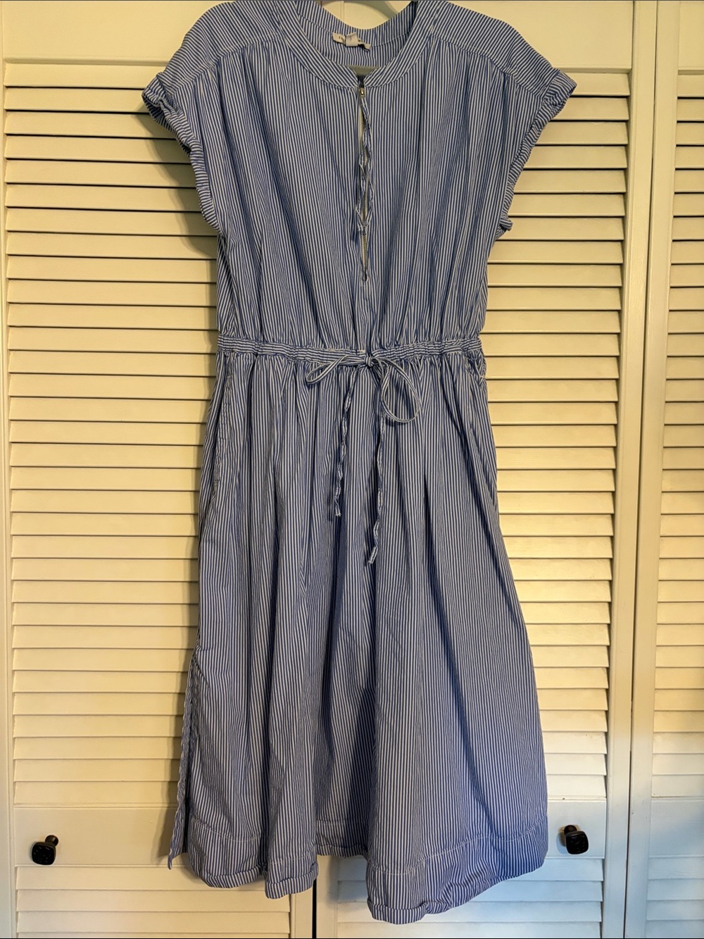 Light Blue Pinstripe Midi Dress with Drawstring Waist